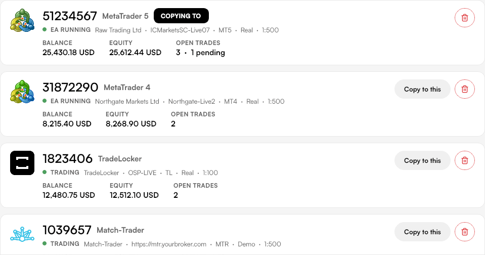 My brokers: account cards for MetaTrader 4, MetaTrader 5, TradeLocker and Match-Trader