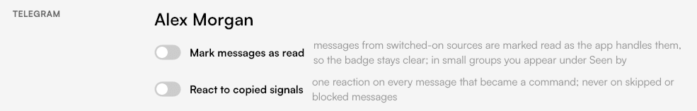 Mark messages as read and React to copied signals, both switched off