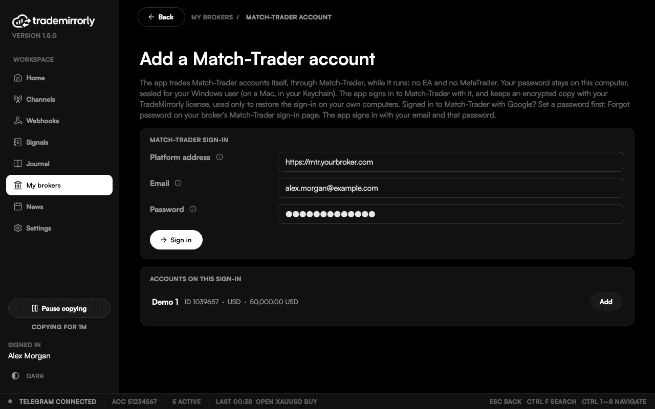 The accounts on a Match-Trader sign-in