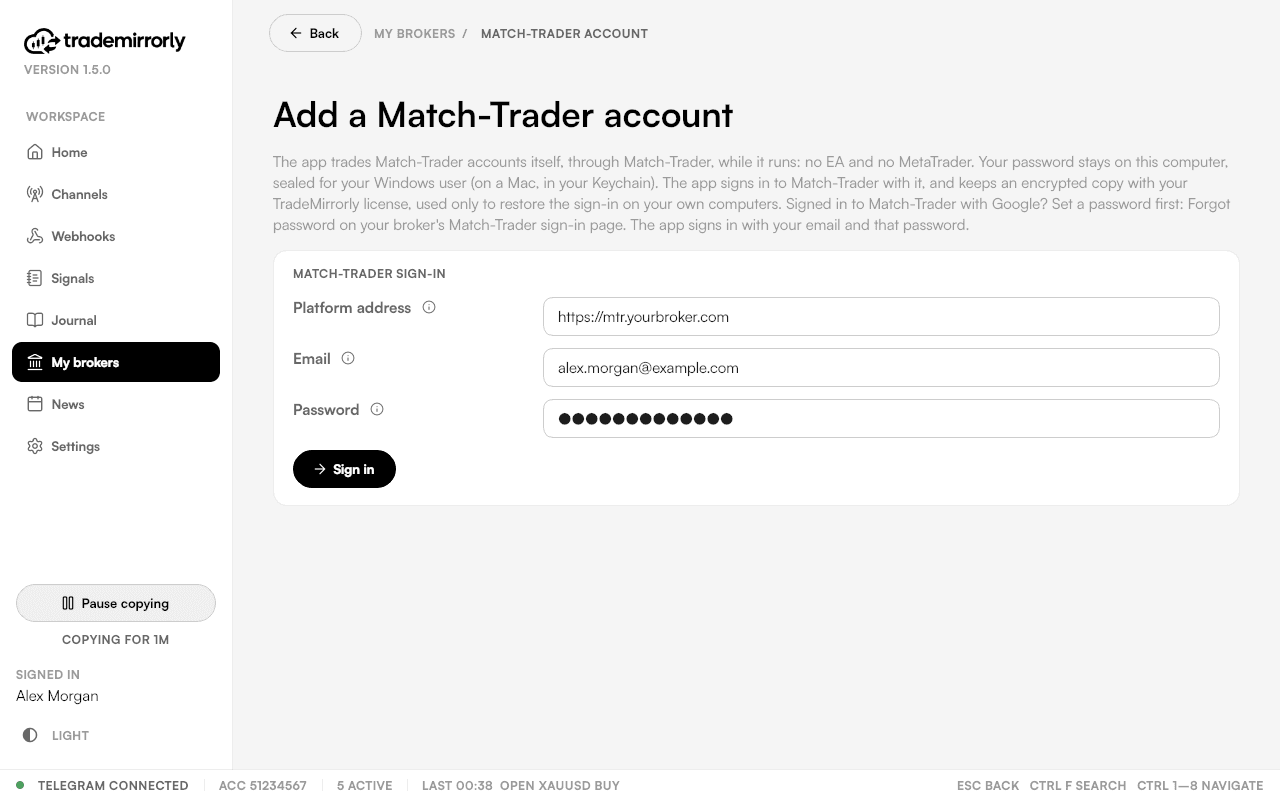 Adding a Match-Trader account: the broker's platform address, email, password