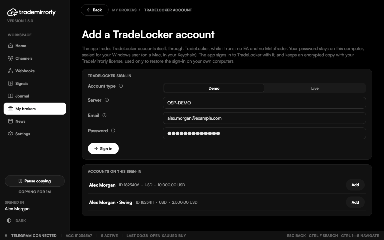 The accounts on a TradeLocker sign-in, each added with one click