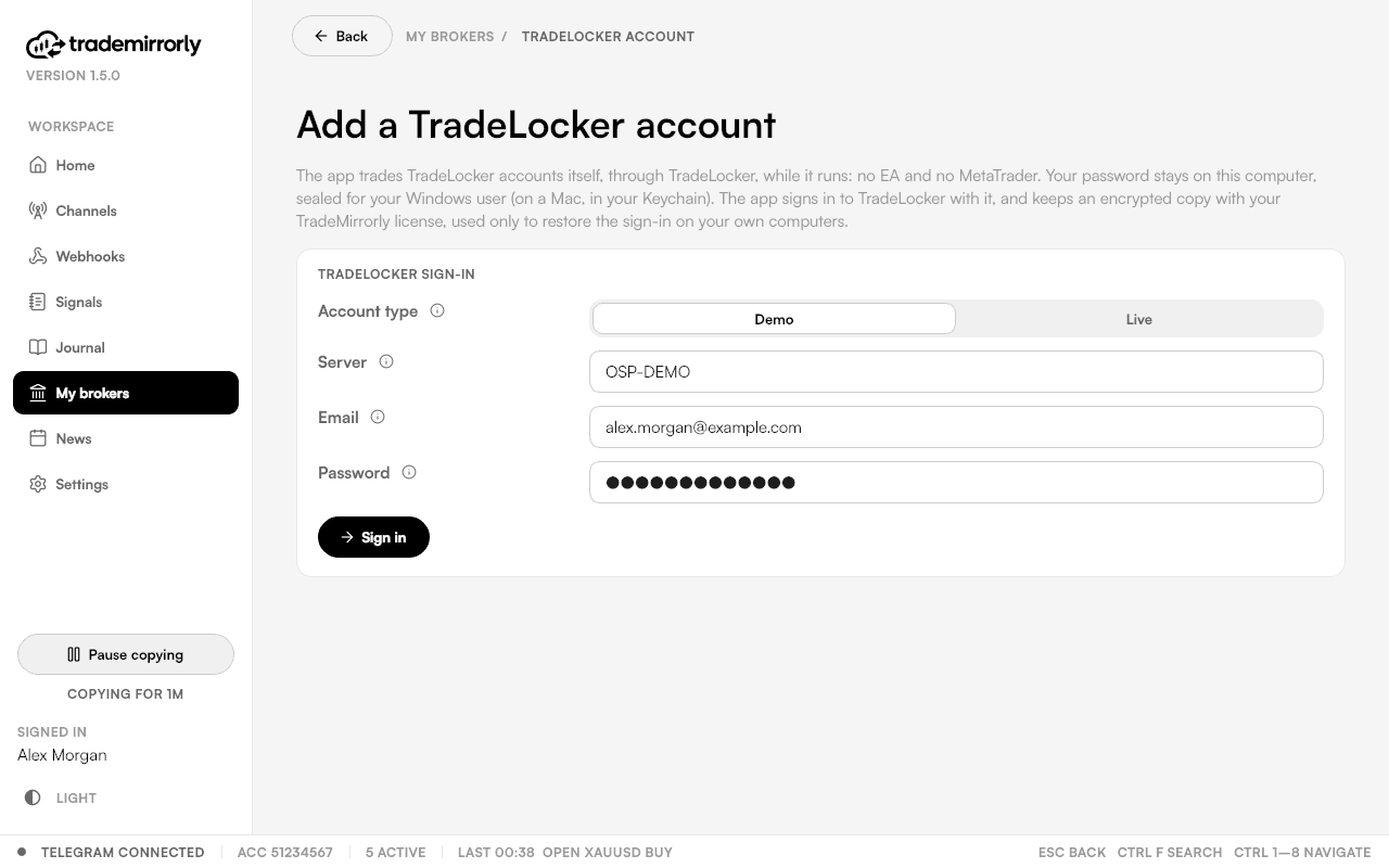 Adding a TradeLocker account: Demo or Live, server, email, password