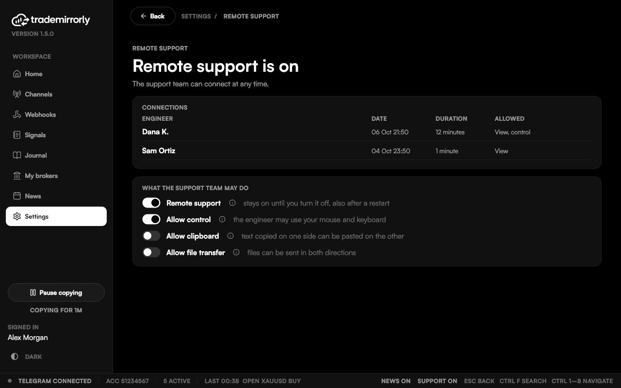 Remote support switched on: each connection logged, and what the support team may do